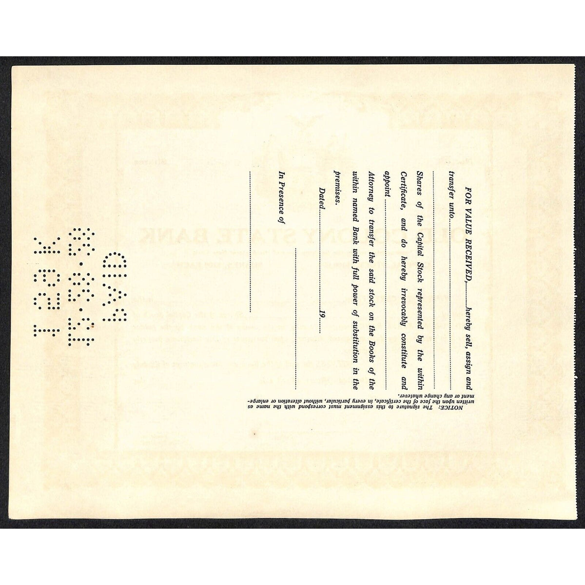 Old Colony State Bank NY c1925 (1928 Cancel) Stock Certificate Unissued #55 VGC
