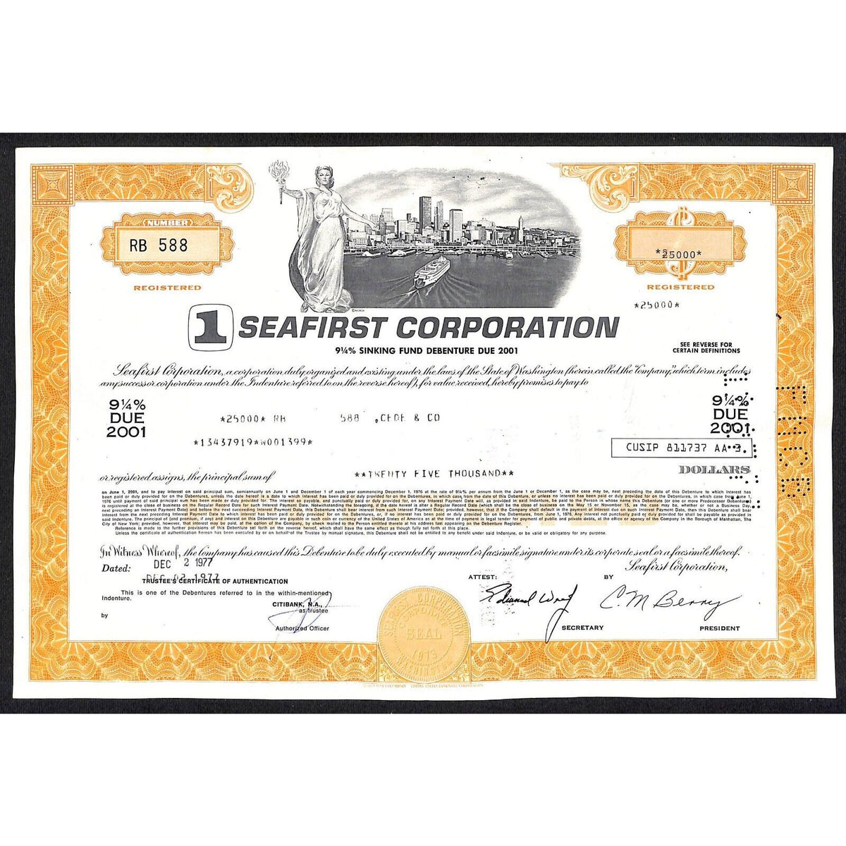 Seafirst Corp. Wisconsin 1977 Debenture Certificate City Skyline 25,000 Shares