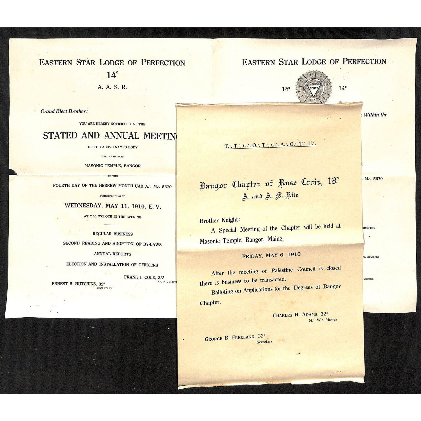 Bangor Masonic Temple / Rose Croix 1910 Special Meeting Notices - Knowlton*