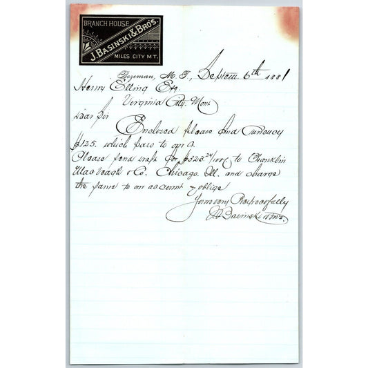 J. Basinski & Bros. Bozeman, MT (Dry Goods) 9/6 1881 Letterhead Henry Elling*