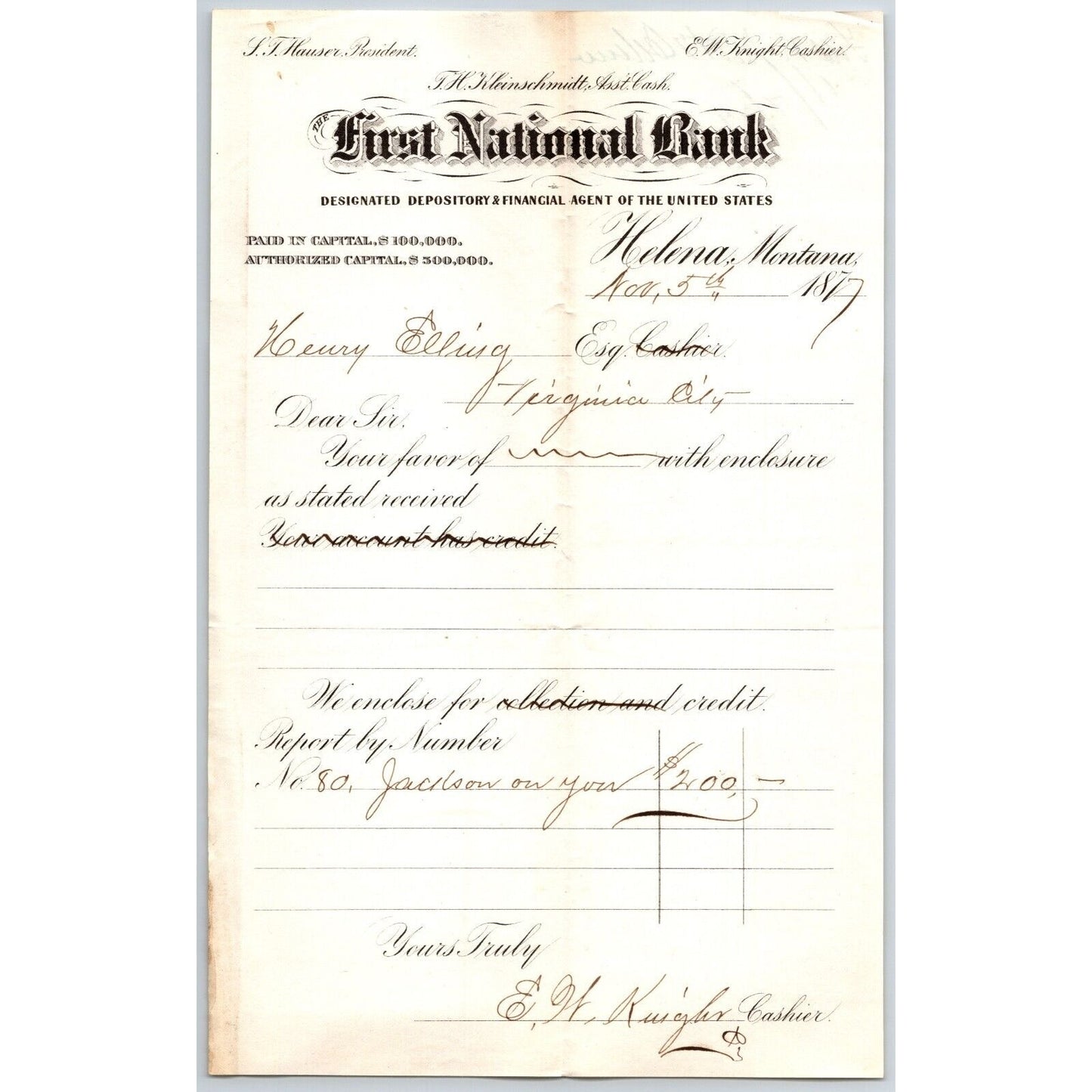 First National Bank Helena, MT 11/5 1877 Payment Advice Henry Elling*