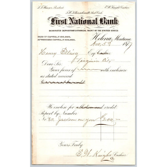 First National Bank Helena, MT 11/5 1877 Payment Advice Henry Elling*