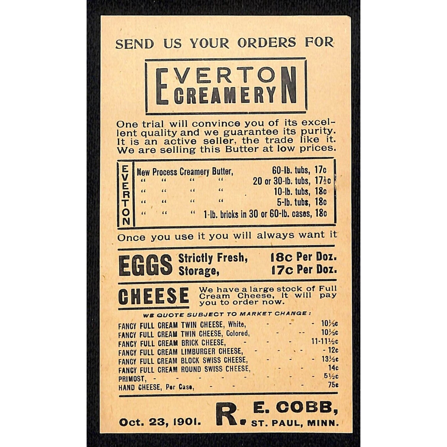 Everton Creamery R.E. Cobb St. Paul, MN 1901 Adv. Insert w/ Prices VGC