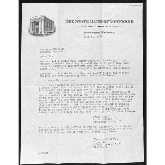 1935 State Bank of Townsend, Montana TLS re: Questionable Check w/ Vignette