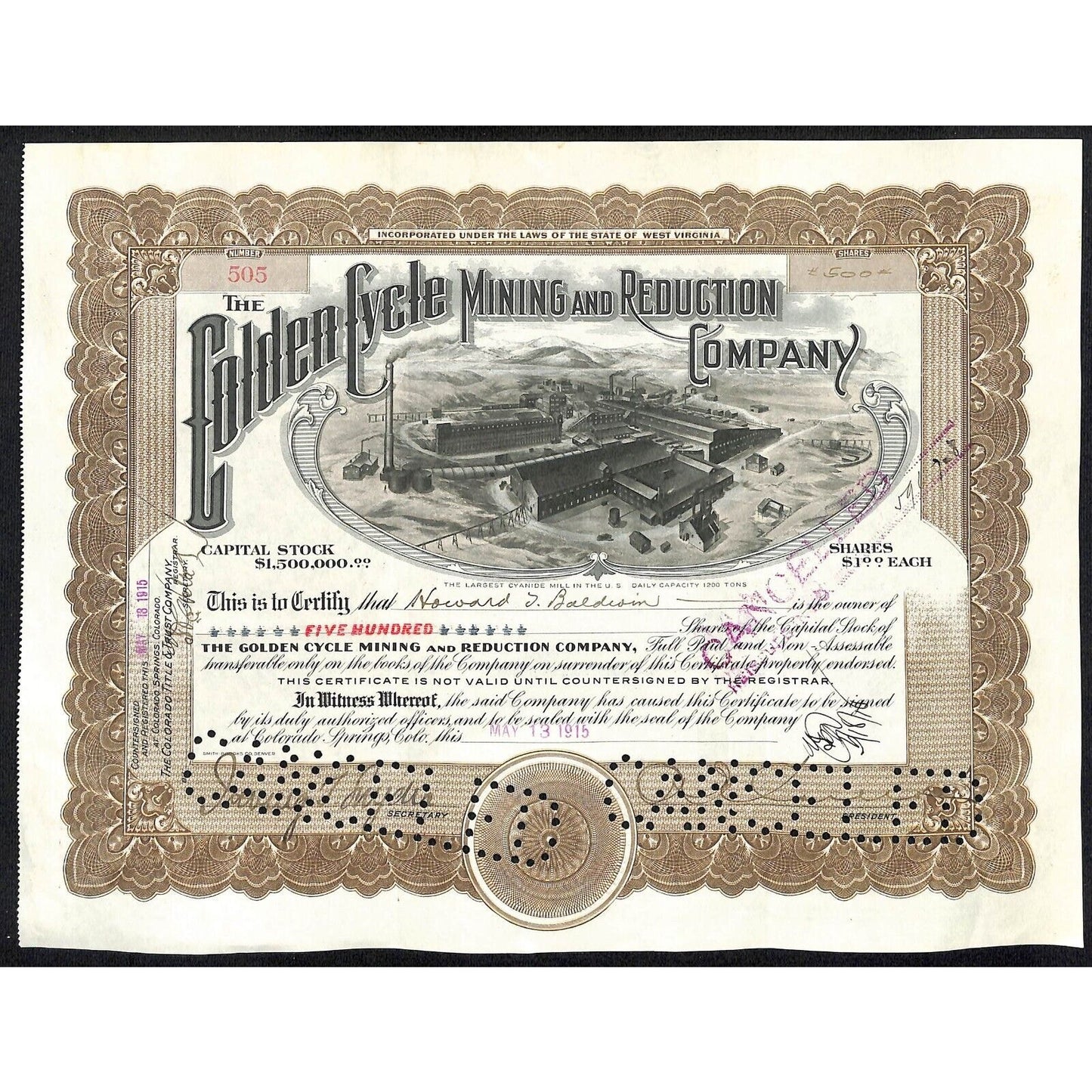 Golden Cycle Mining 1915 Stock Certificate w/ A.E. Carlton Sig. #505