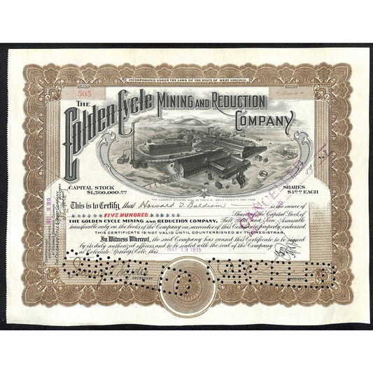 Golden Cycle Mining 1915 Stock Certificate w/ A.E. Carlton Sig. #505