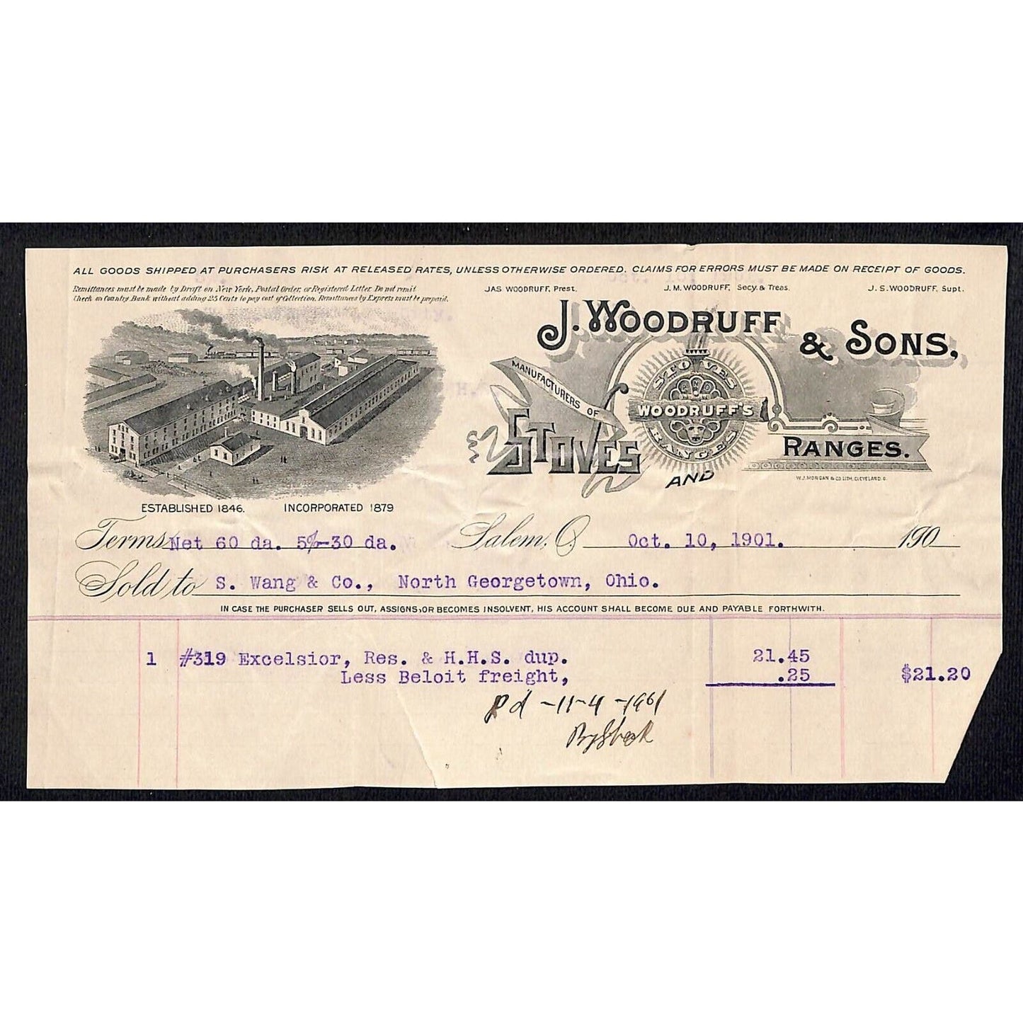 J. Woodruff & Sons Stoves Ranges 1901 Billhead Samuel Wang* N. Georgetown, OH
