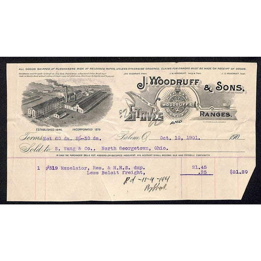 J. Woodruff & Sons Stoves Ranges 1901 Billhead Samuel Wang* N. Georgetown, OH