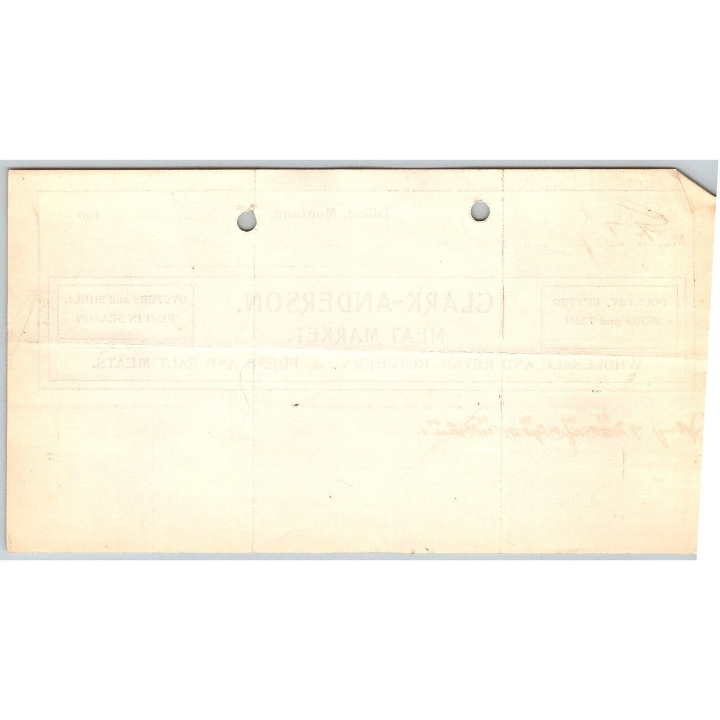 Dillon, MT Clark Anderson Meat Market Butcher Oysters Fish Feb. 1 1905 Billhead