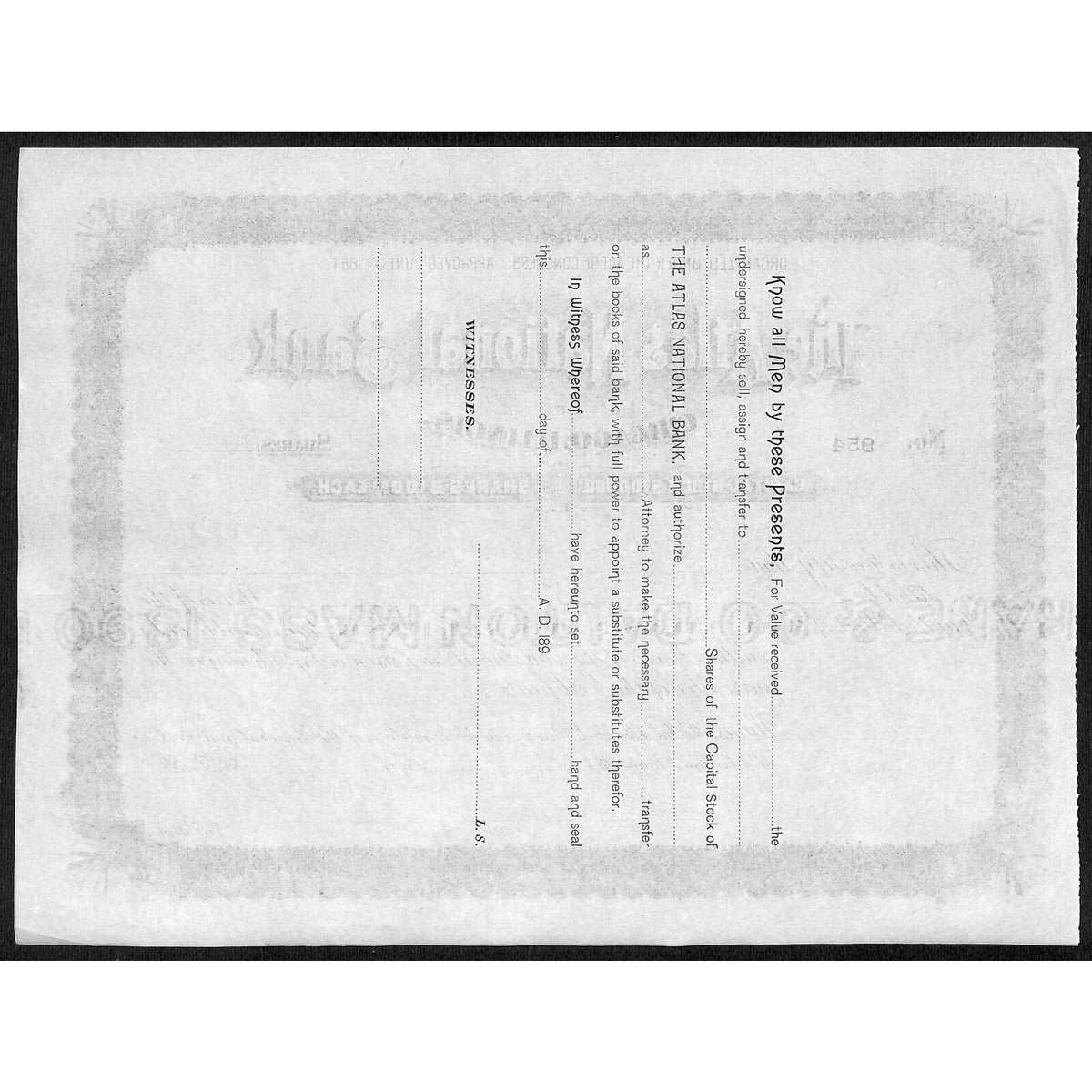 The Atlas National Bank Chicago 1890's 189x Stock Certificate Unissued #954