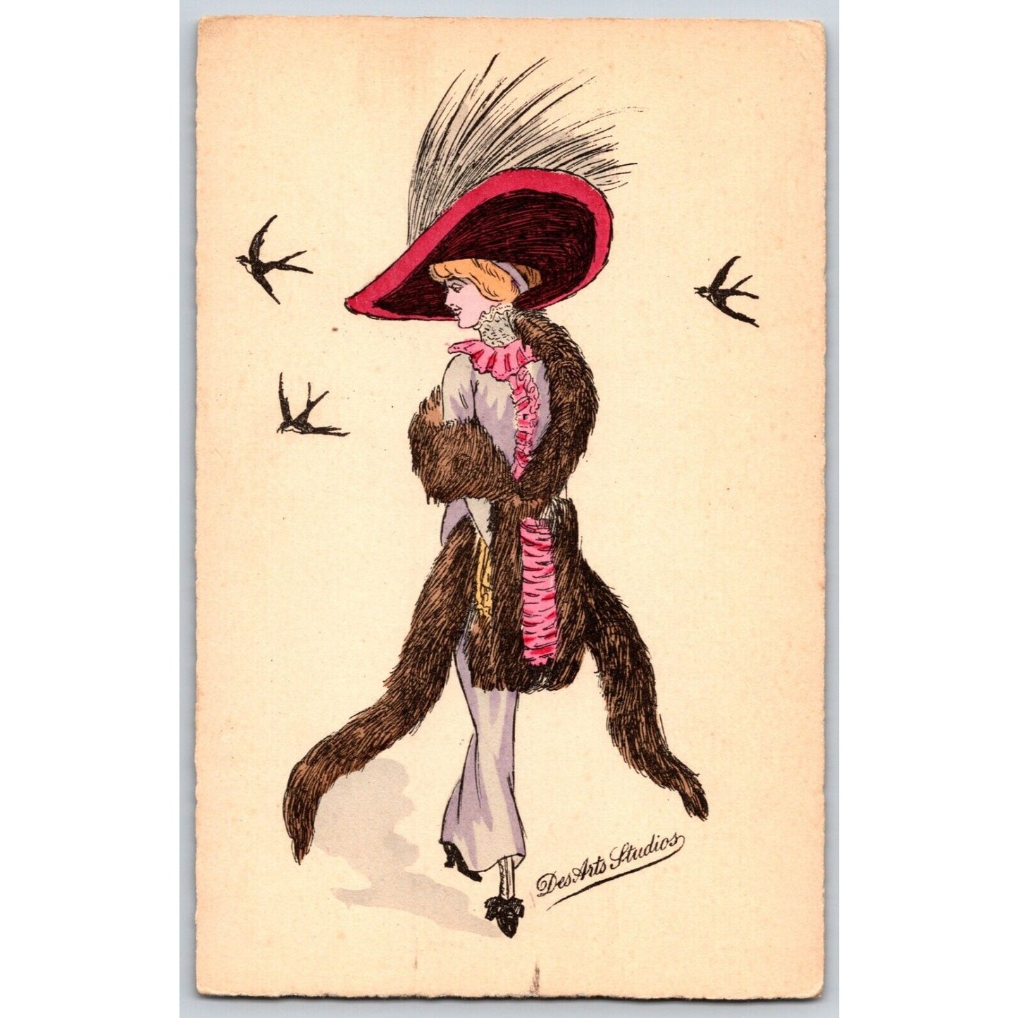 Des Arts Studios Art Nouveau Postcard Fancy Woman Fashion Fur Hat Feathers