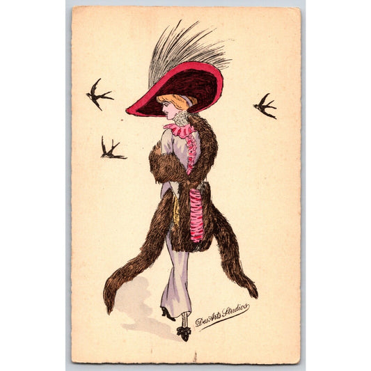 Des Arts Studios Art Nouveau Postcard Fancy Woman Fashion Fur Hat Feathers