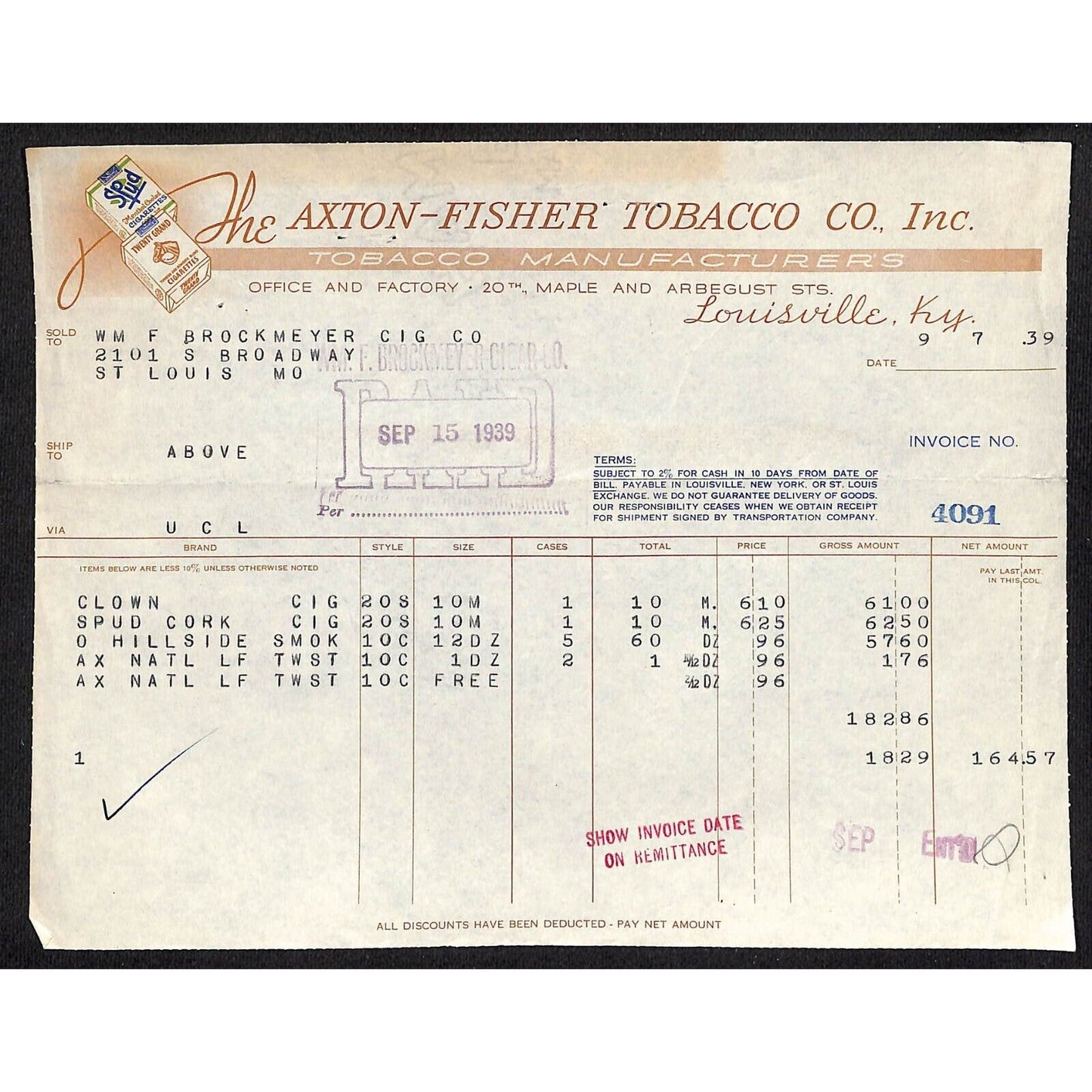 Louisville, KY The Axton-Fisher Tobacco Co. Spud Twenty Grand 9/7 1939 Billhead