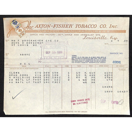 Louisville, KY The Axton-Fisher Tobacco Co. Spud Twenty Grand 9/7 1939 Billhead