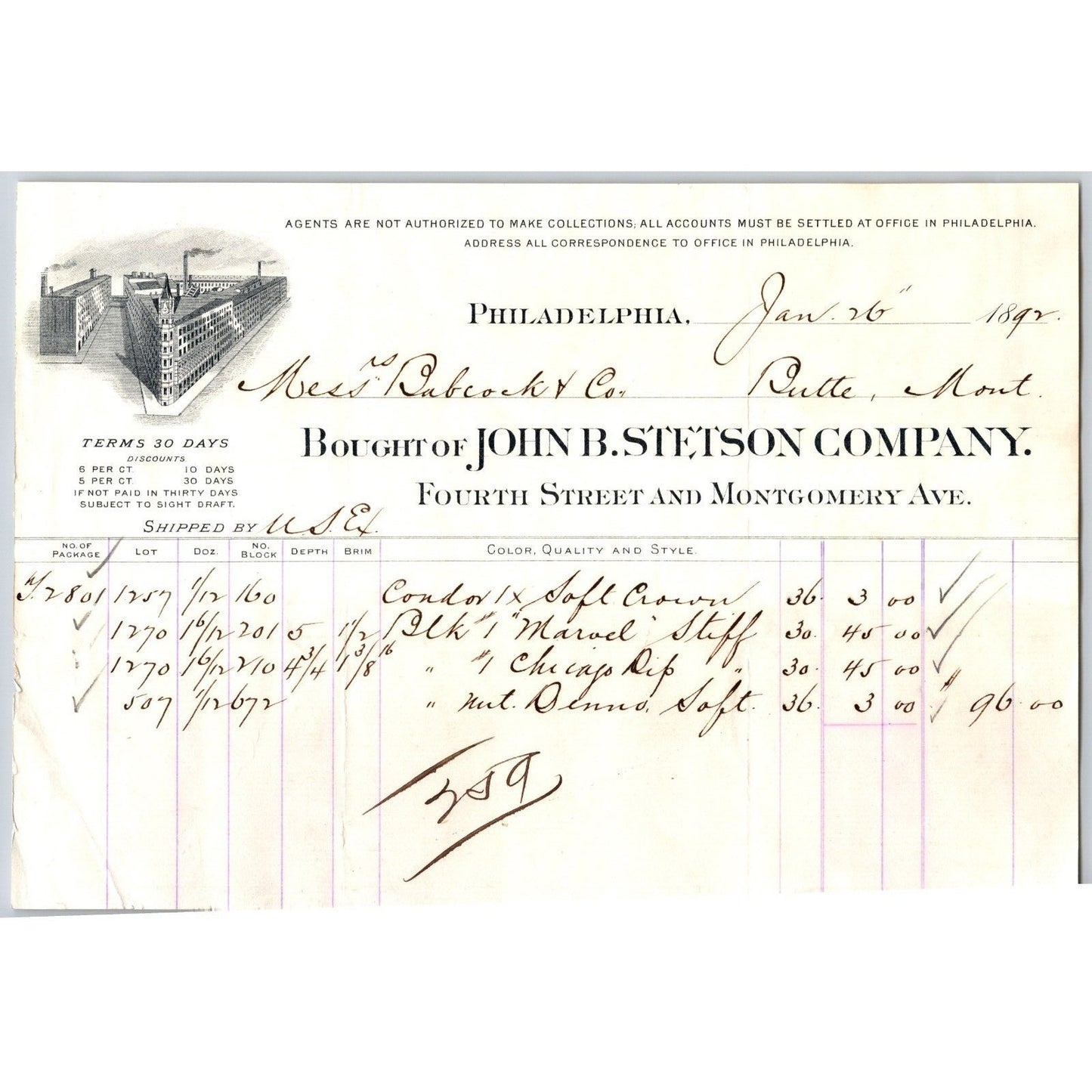 John B. Stetson Company (Stetson Hats) Philadelphia 1892 Billhead VGC Scarce
