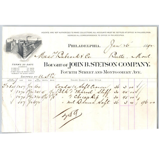 John B. Stetson Company (Stetson Hats) Philadelphia 1892 Billhead VGC Scarce