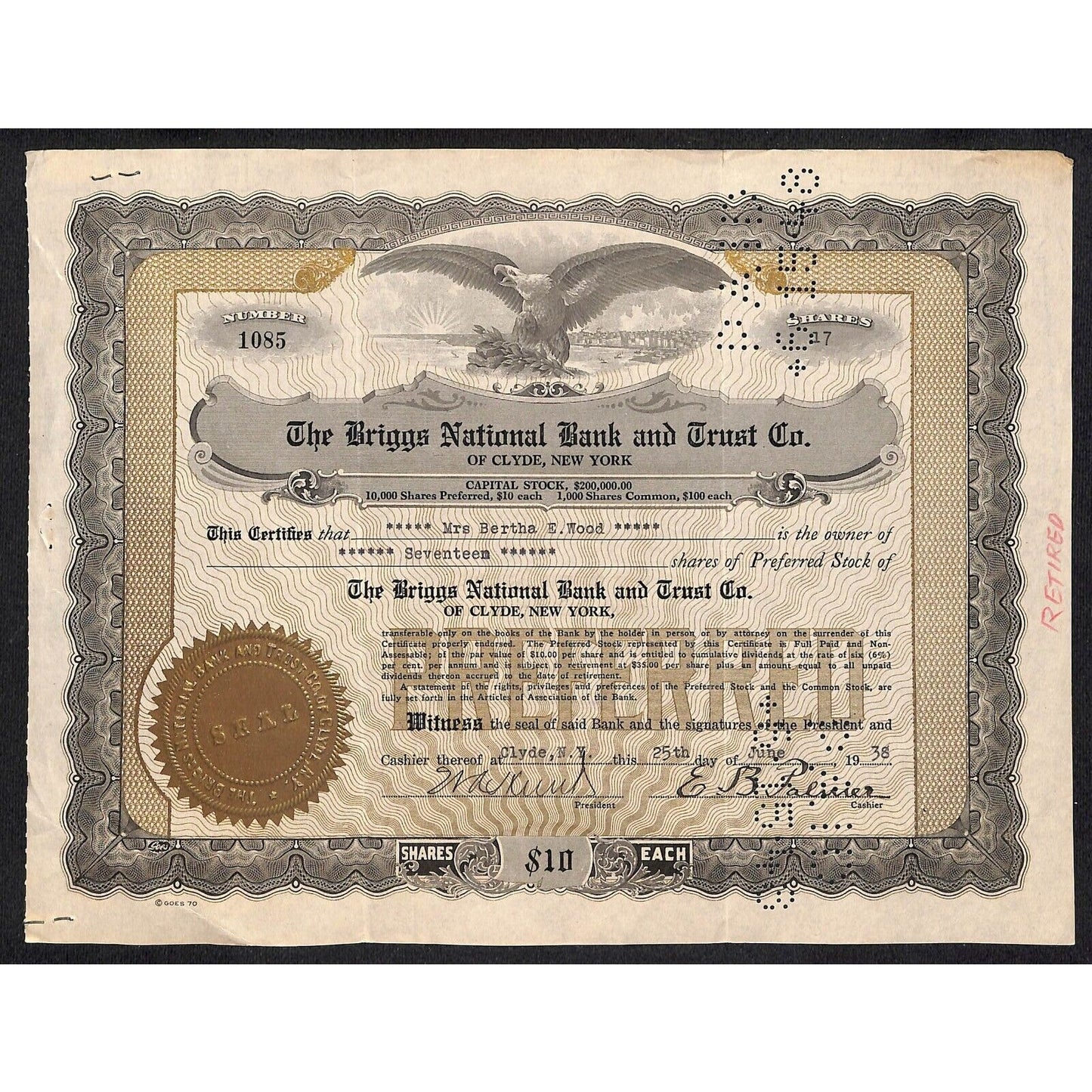 Briggs National Bank and Trust Clyde, NY 1938 Stock Certificate Bertha E. Wood