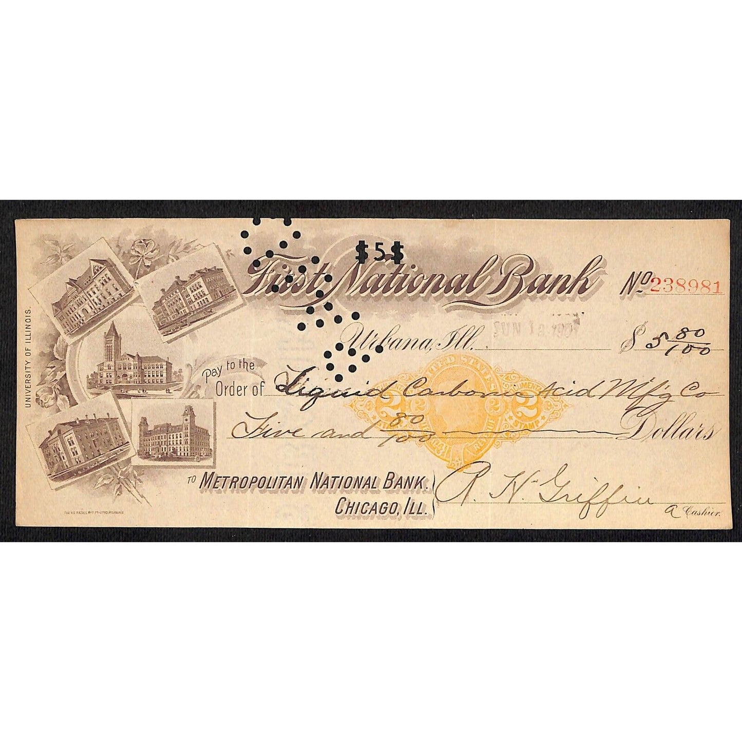 FNB Urbana, IL $5.80 1901 Bank Check Revenue Stamp w/ University Bldg. Vignettes