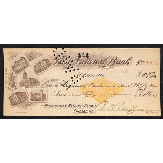 FNB Urbana, IL $5.80 1901 Bank Check Revenue Stamp w/ University Bldg. Vignettes