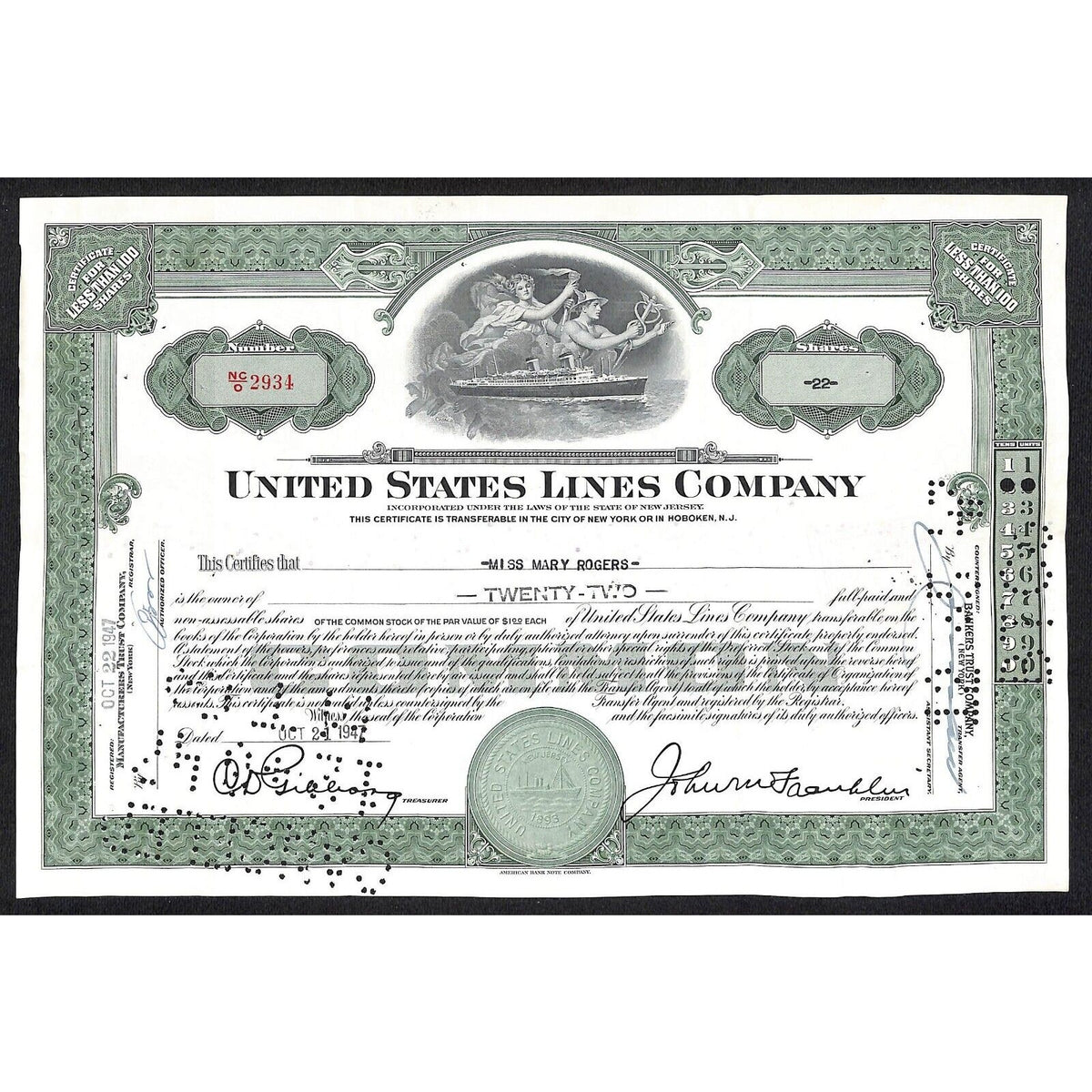 United States Lines 1947 Stock Certificate Ocean Liner to Miss Mary Rogers