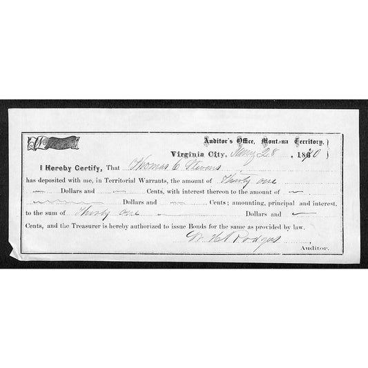1870 Virginia City, MT Territorial Warrant Deposit Receipt - Thomas Stevens