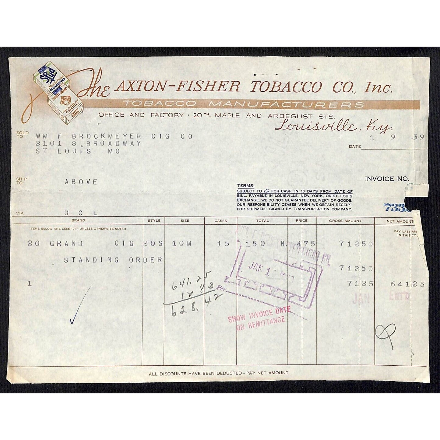 Louisville, KY The Axton-Fisher Tobacco Co. Spud Twenty Grand 1/9 1939 Billhead
