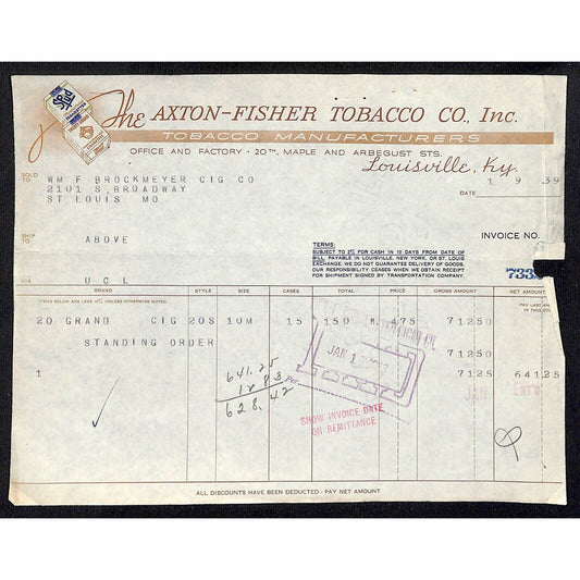 Louisville, KY The Axton-Fisher Tobacco Co. Spud Twenty Grand 1/9 1939 Billhead