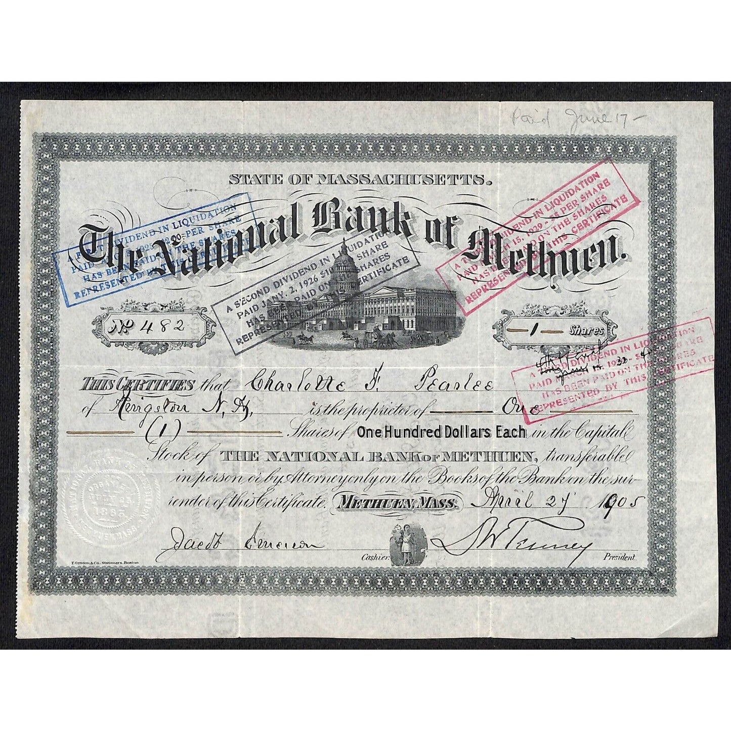 National Bank of Methuen 1905 Stock Certificate Charlotte F. Pearlee