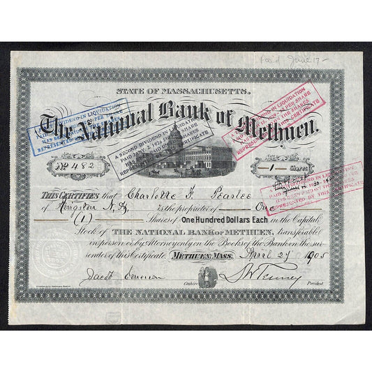 National Bank of Methuen 1905 Stock Certificate Charlotte F. Pearlee