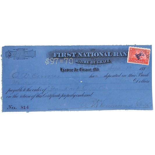 First National Bank of Havre De Grace, MD 1889 Bank Check O.R. Currier?