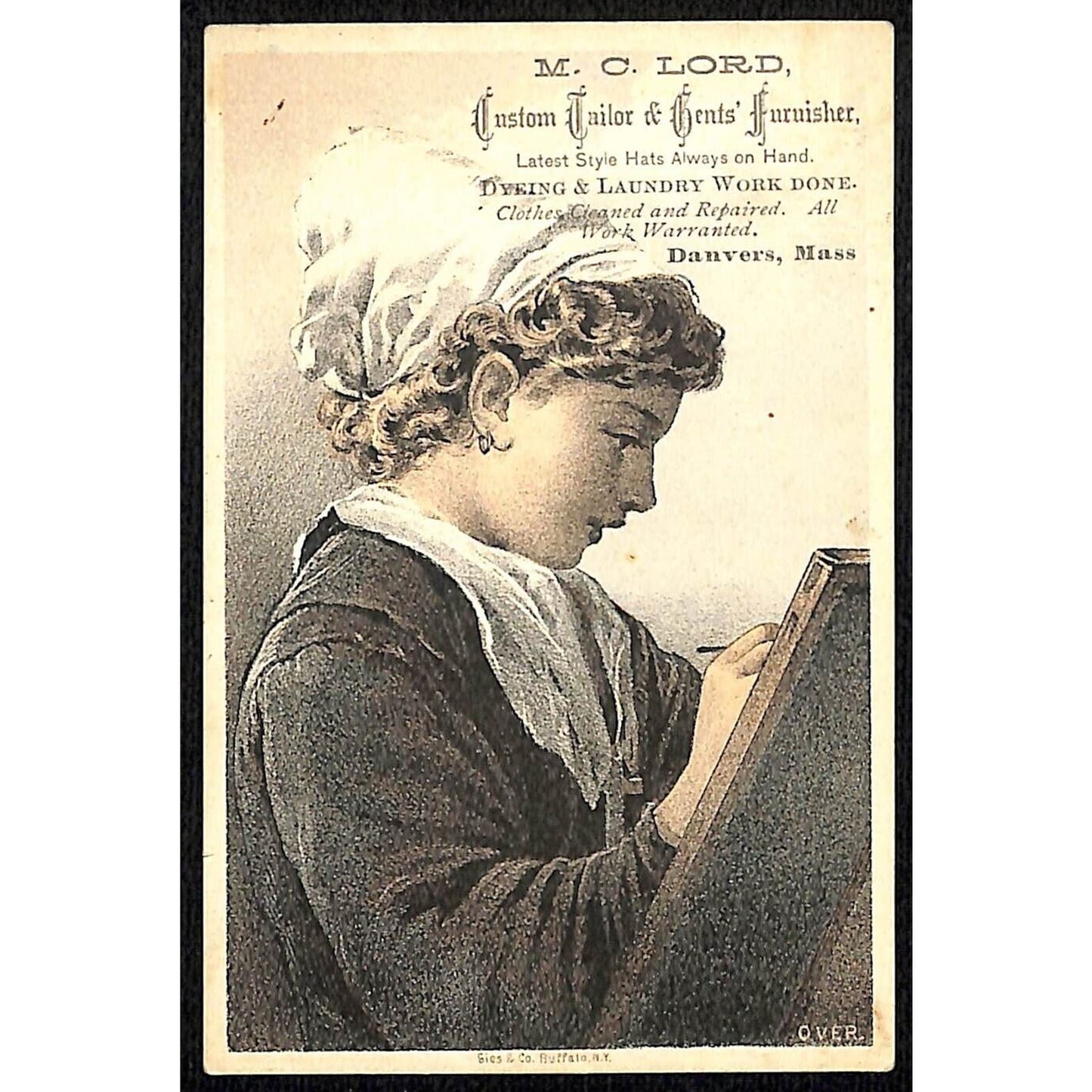 M. C. Lord Tailor Danvers MA Victorian Trade Card Girl Writing or Sketching