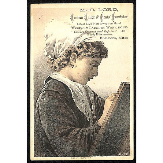 M. C. Lord Tailor Danvers MA Victorian Trade Card Girl Writing or Sketching