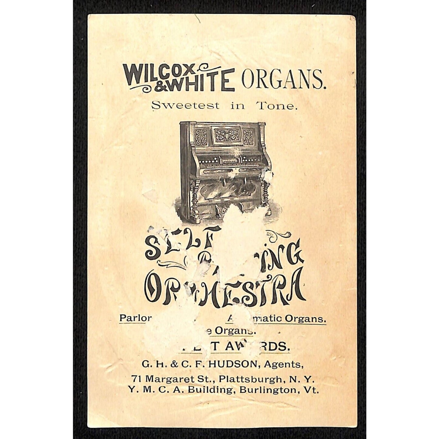 Wilcox & White Organs "Self Playing Orchestra" Victorian Trade Card Winter Scene