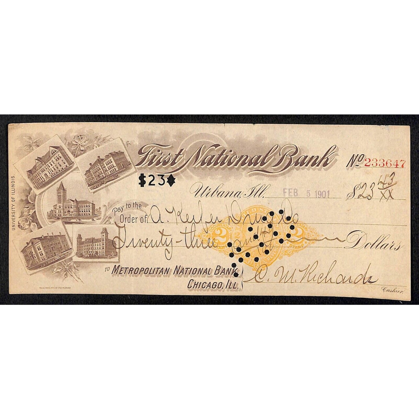 FNB Urbana, IL $23 1901 Bank Check Revenue Stamp w/ University Bldg. Vignettes