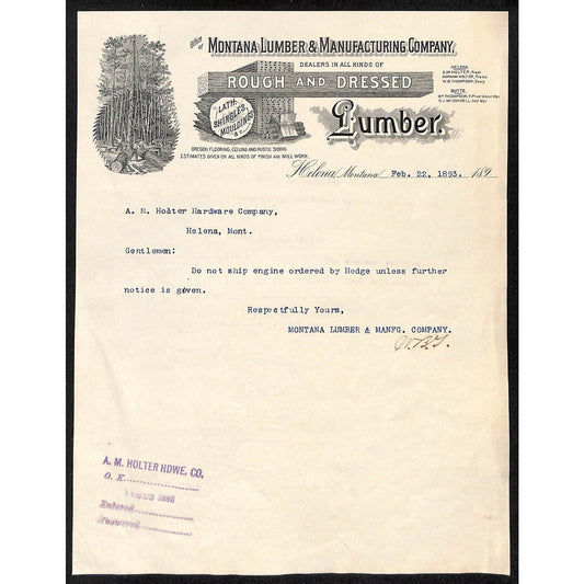 1893 Montana Lumber & Manufacturing Co. Helena, MT Letterhead w/ Vignettes