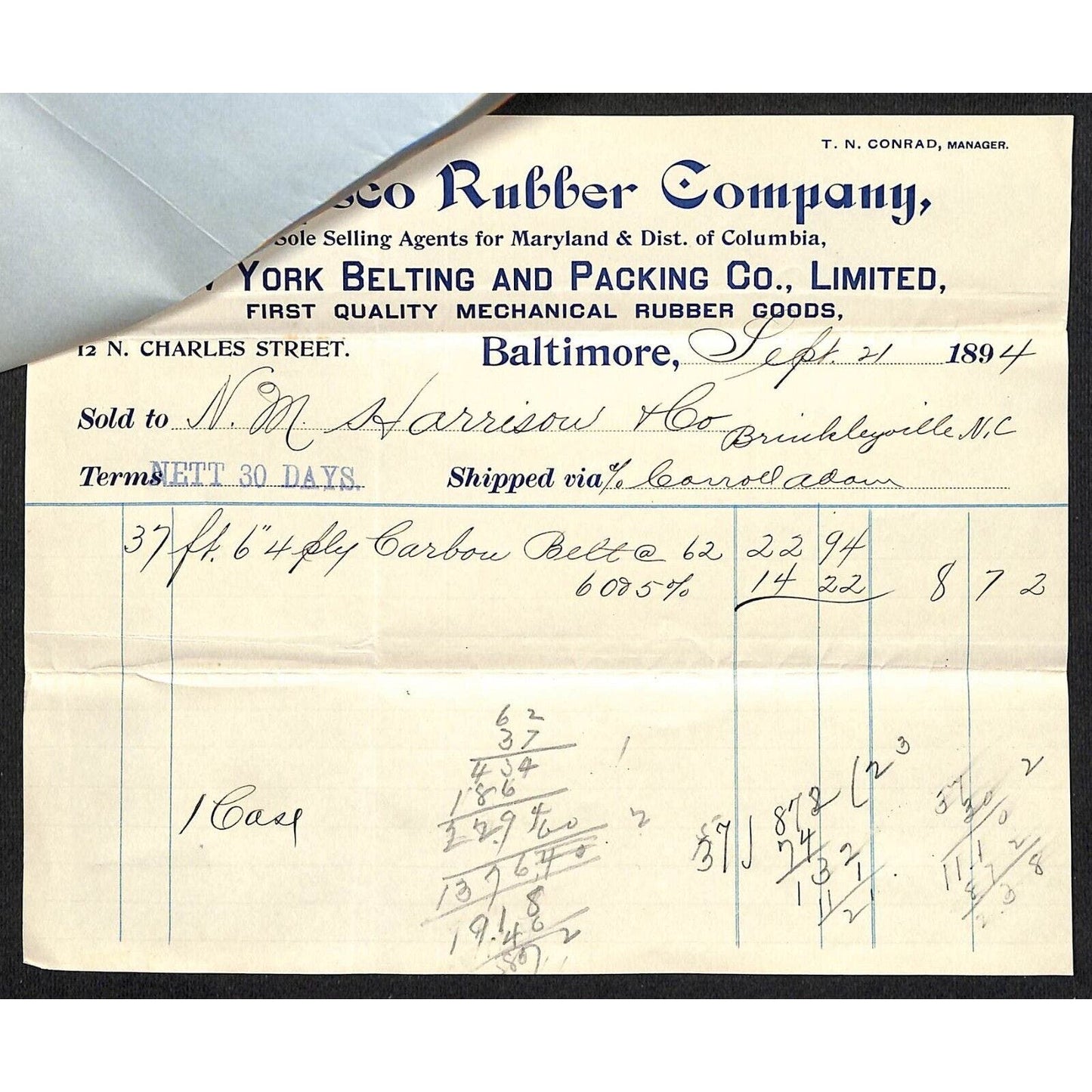 Baltimore, MD Patapsco Rubber Co. / NY Belting & Packing Pair of 1894 Billheads