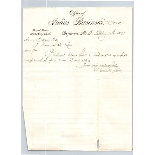 Julius Basinski (Stationers) Bozeman, MT 1881 ALS Letterhead Henry Elling*