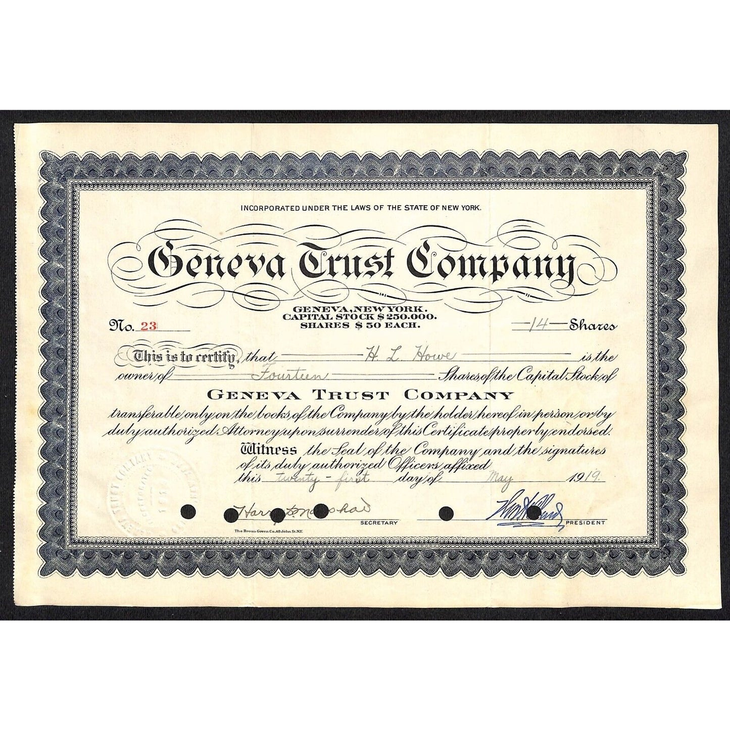 Geneva Trust Company NY 1919 Stock Certificate to H.L. Howe #23 Scarce