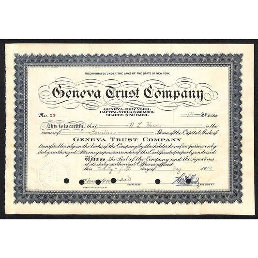 Geneva Trust Company NY 1919 Stock Certificate to H.L. Howe #23 Scarce