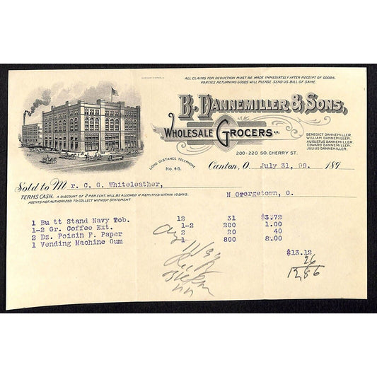 B Dannemiller & Sons Canton 1899 Billhead Whiteleather* N. Georgetown, OH Scarce