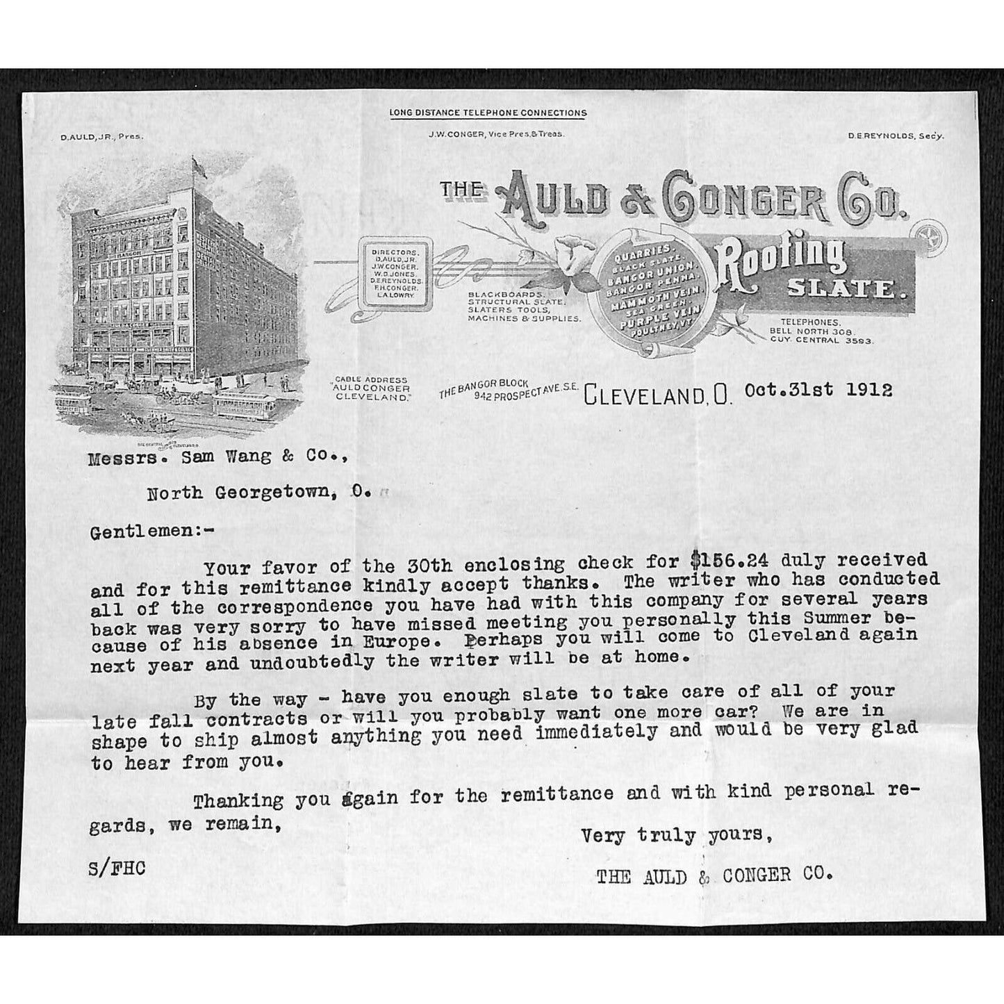The Auld & Conger Co. Cleveland 1912 Letterhead Samuel Wang* N. Georgetown OH