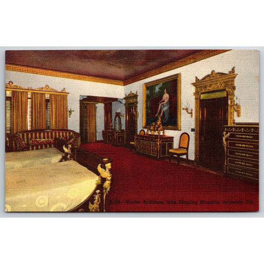 Master Bedroom John Ringling Mansion Sarasota Linen Postcard c1935-50 NP VGC
