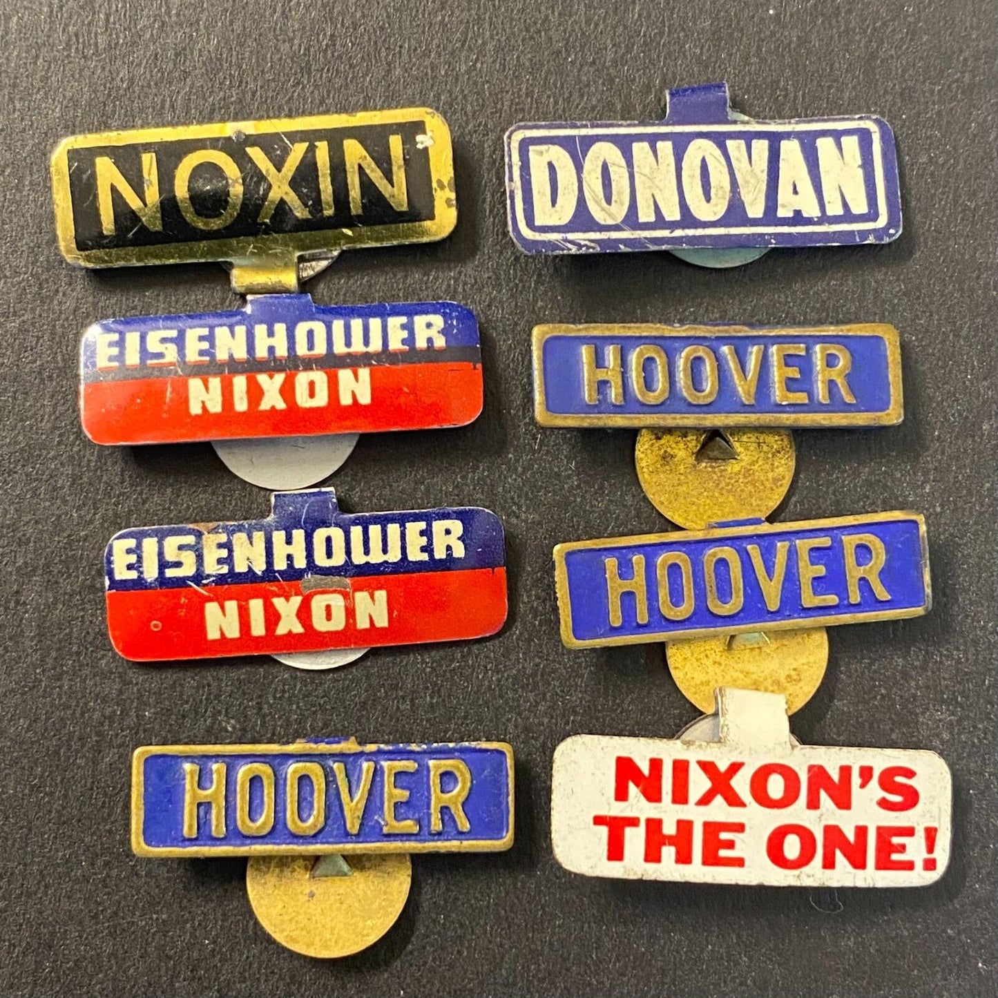 Group of 8 Small Steel Nixon Hoover Donovan Election Fold Over Pins 7/8