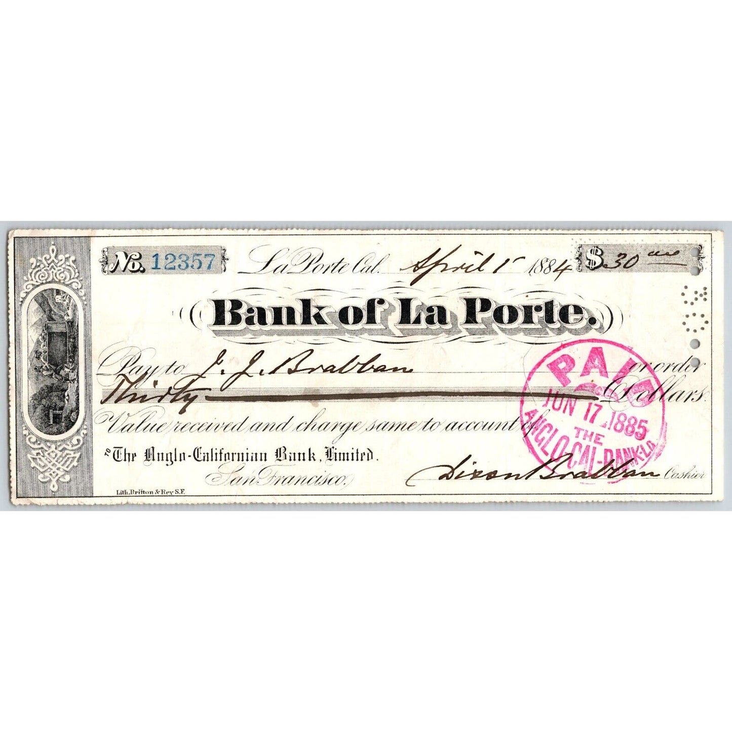 Bank of La Porte Check J.J. Brabban* 1884 Mining Vignette #12357