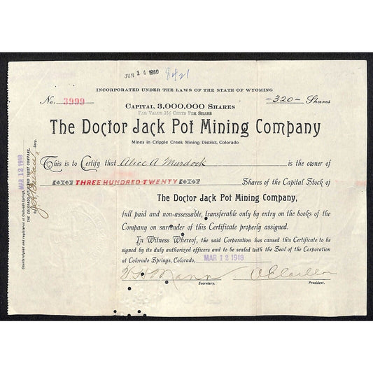 Doctor Jack Pot Mining 1918 Cripple Stock Certificate w/ A.E. Carlton Sig. #3999