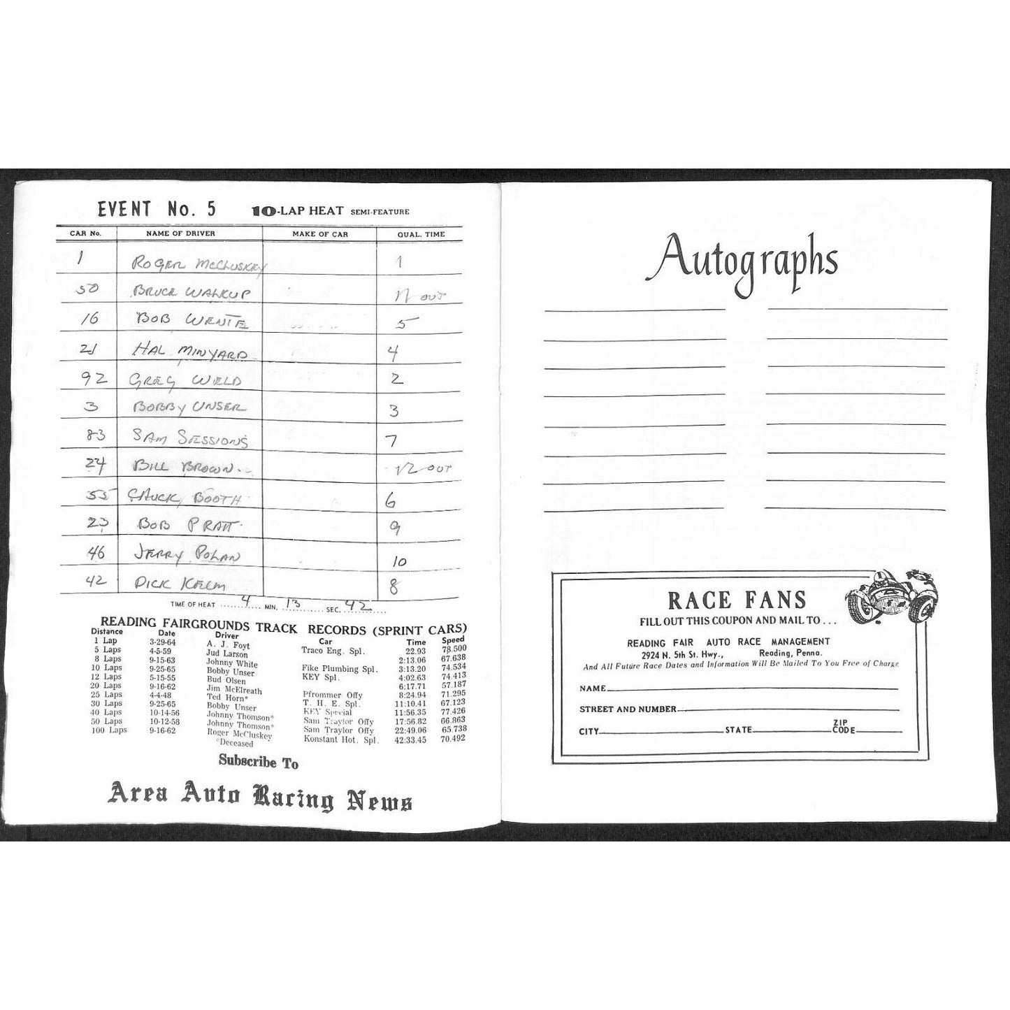 Reading Fairgrounds 1967 USAC Auto Races Program Sprint Car 8pp* Bobby Unser
