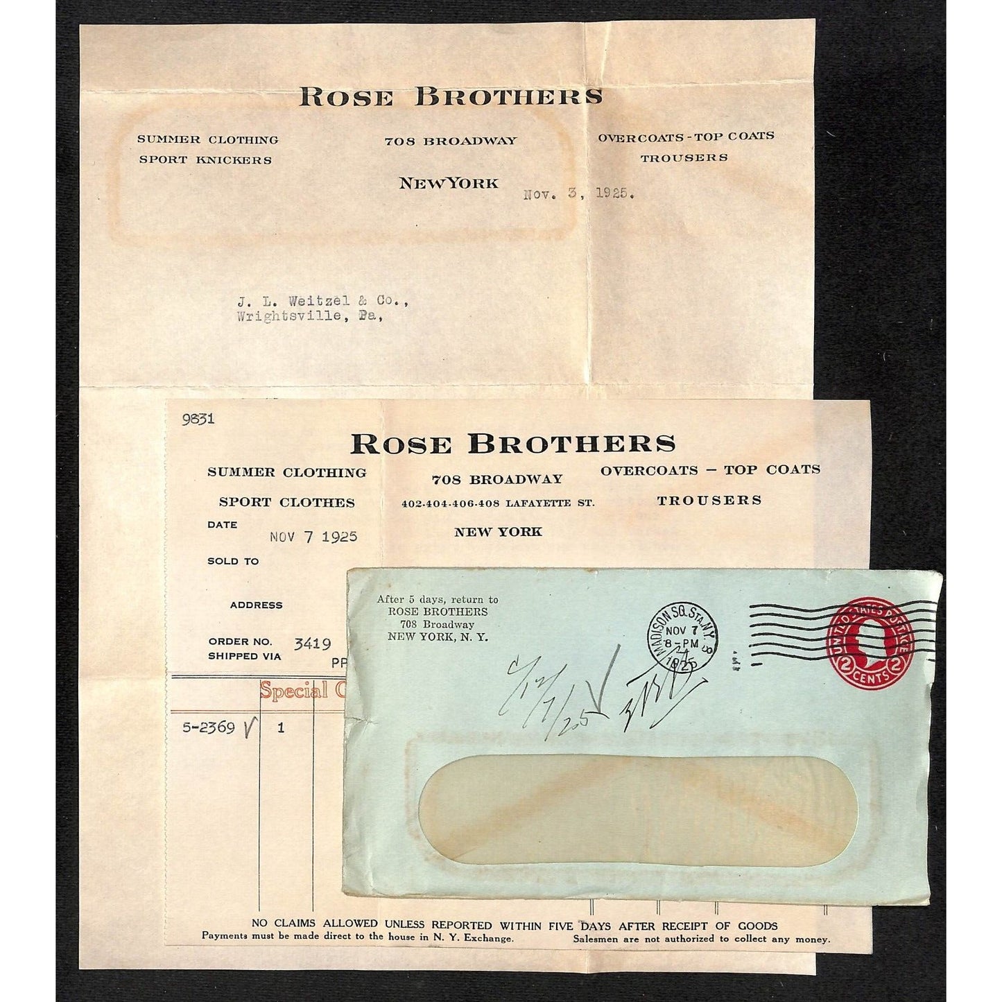 Rose Brothers (Clothes) Broadway NYC 1925 Letterhead Billhead + Cover