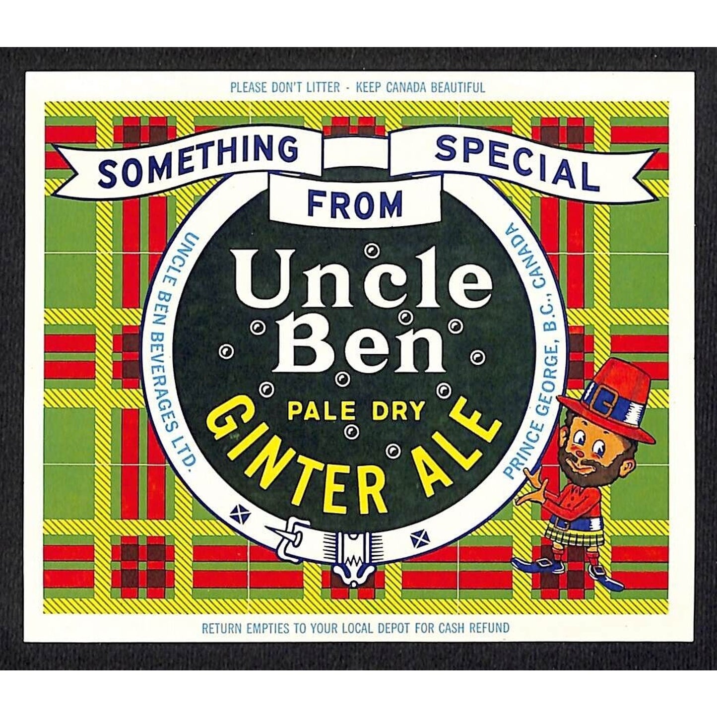 Uncle Ben "Ginger Ale" Soda Label Beverages Prince George c1960's-75 Scarce