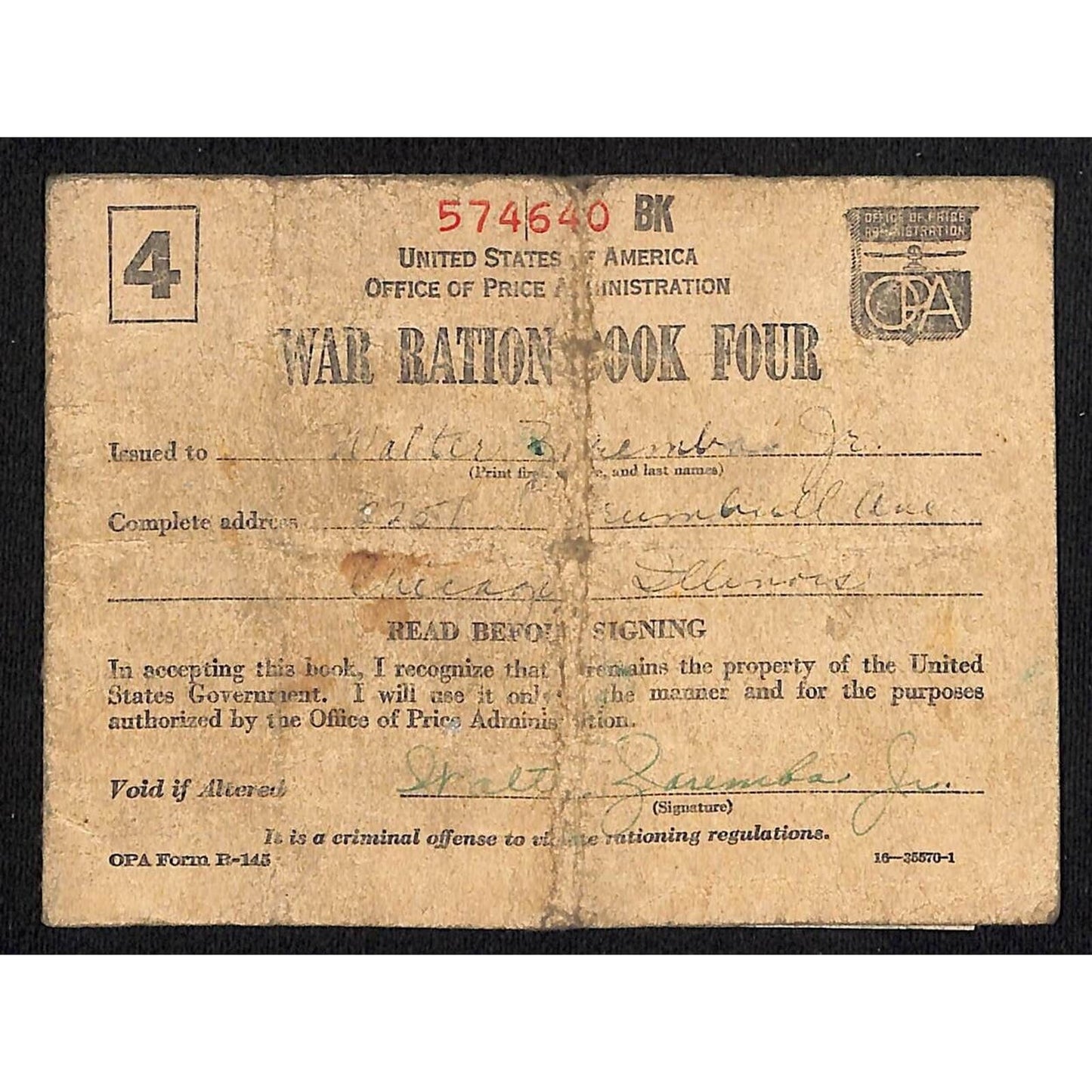 U.S. WWII War Ration Book Four Issued to a Chicago Resident c1943 #574640