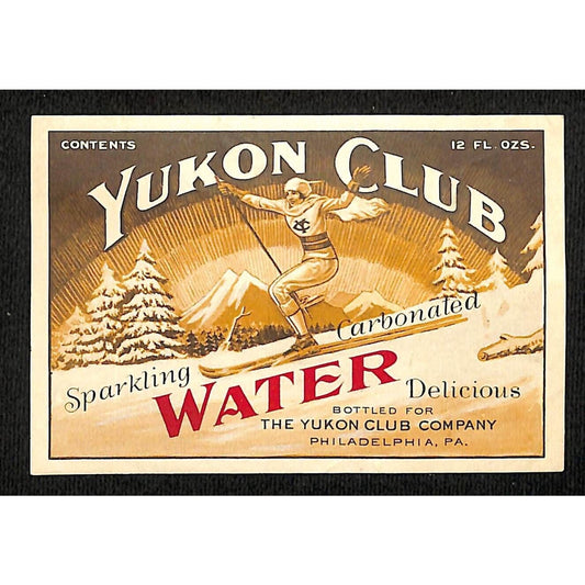 Yukon Club Sparkling Water Paper Label w/ Woman Skiing c1930's-40's